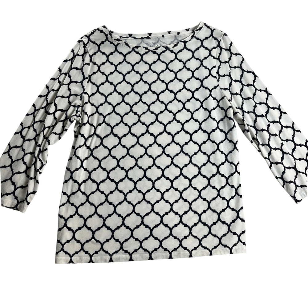 Talbots Women's XL Cotton Stretch Boat Neck Top Black White Geometric 3/4 Sleeve